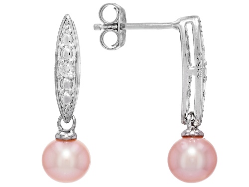 6mm Pink Cultured Freshwater Pearl With Lab Created Sapphire Rhodium Over Sterling Silver Earrings