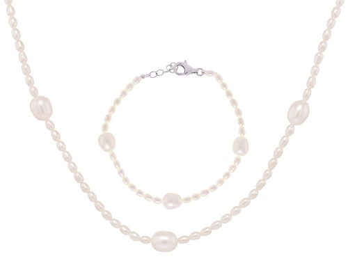 3-8.5mm White Cultured Freshwater Pearl Rhodium Over Silver 20 Inch Strand Necklace & Bracelet Set