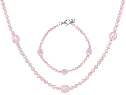 3-8.5mm Peach Cultured Freshwater Pearl Rhodium Over Silver Strand Necklace & Bracelet Set