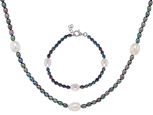3-8.5mm Black & White Cultured Freshwater Pearl Rhodium Over Silver Strand Necklace & Bracelet Set
