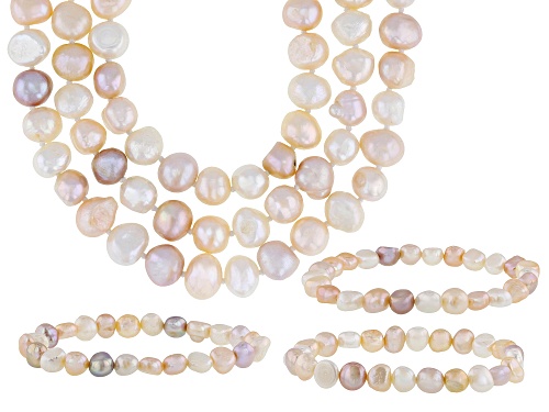 7.5mm Multi-Color Cultured Freshwater Pearl  36, 48, 64 Inch Strand Necklaces and Bracelets Set of 3