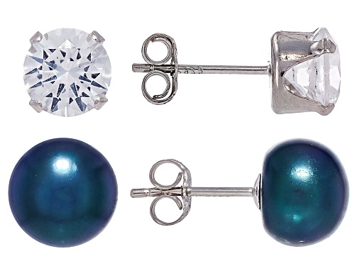 8mm Black Cultured Freshwater Pearl & Lab Created White Sapphire Rhodium Over Silver Stud Earrings