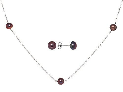 6mm Black Cultured Freshwater Pearl Rhodium Over Sterling Silver Necklace And Earring Set