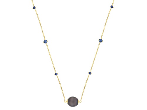 10mm Cultured Tahitian Pearl With Blue Moissanite 18k Yellow Gold Over Silver 20 Inch Necklace - Size 20
