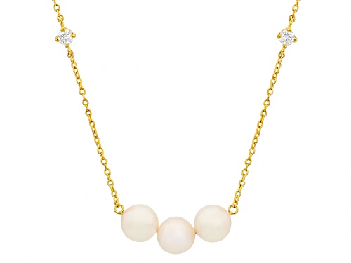 7mm White Cultured Japanese Akoya Pearl With Moissanite 18k Yellow Gold Over Silver 20 Inch Necklace - Size 20