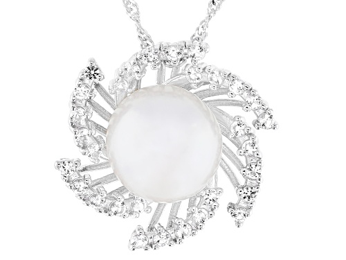 11mm White Cultured Freshwater Pearl With Topaz Rhodium Over Sterling Silver Pendant With Chain