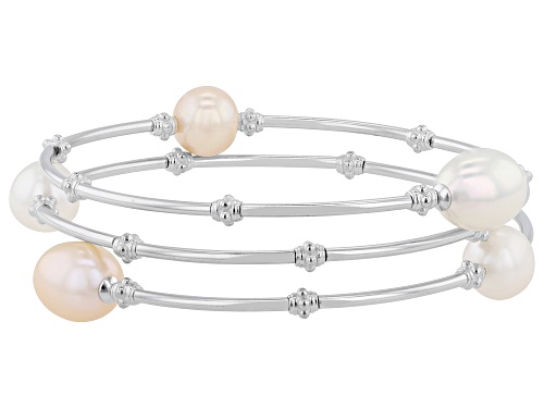 8mm Multi-Color Cultured Freshwater Pearl Rhodium Over Sterling Silver Wrap Bracelet
