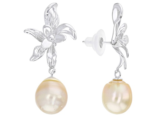 10mm Golden Cultured South Sea Pearl Rhodium Over Sterling Silver Earrings