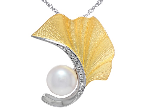 10mm White Cultured Freshwater Pearl & Topaz Rhodium & 18k Gold Over Silver Pin/Pendant With Chain