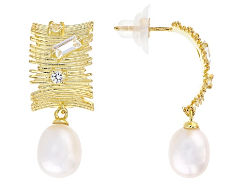 8mm White Cultured Freshwater Pearl With Topaz 18k Yellow Gold Over Sterling Silver