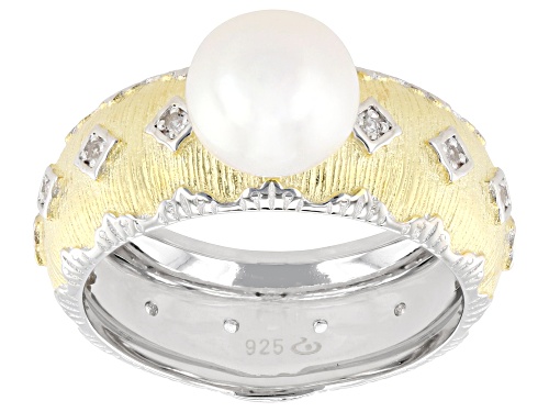7mm White Cultured Freshwater Pearl With Topaz Rhodium & 18k Yellow Gold Over Sterling Silver Ring - Size 9