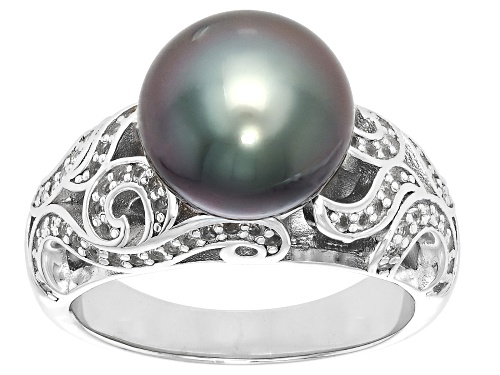 9mm Cultured Tahitian Pearl With White Topaz Rhodium Over Sterling Silver Ring - Size 12