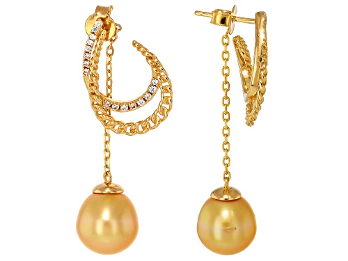 9mm Golden Cultured South Sea Pearl With Zircon 18k Yellow Gold Over Sterling silver Earrings