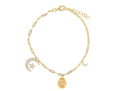 9mm Golden Cultured South Sea Pearl With White Zircon 18k Yellow Gold Over Sterling Silver Bracelet