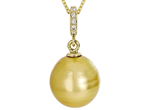 10mm Golden Cultured South Sea Pearl With Diamond Accent 14k Yellow Gold Pendant With Chain
