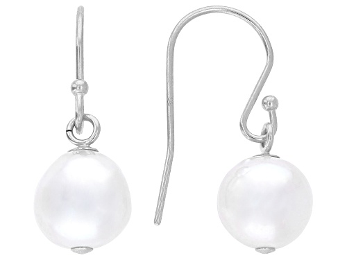 8mm White Cultured Japanese Akoya Pearl Rhodium Over Sterling Silver Earrings