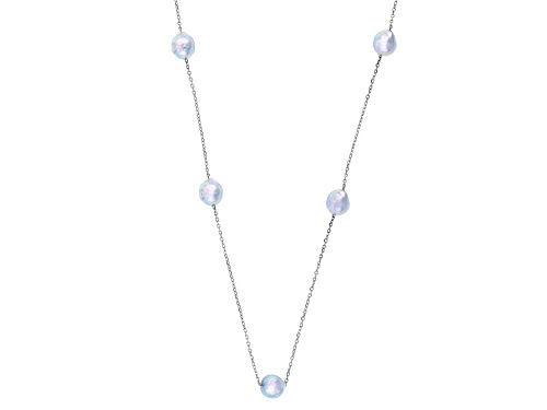 7mm Platinum Cultured Japanese Akoya Pearl Rhodium Over Sterling Silver 20 Inch Necklace - Size 20