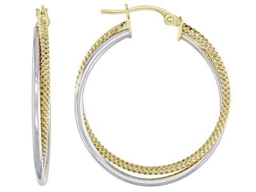 10K Two-Tone 25MM Polished Textured Double Round Tube Hoop Earrings