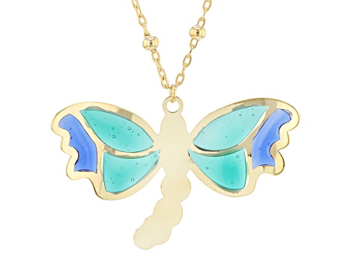 10K Yellow Gold Dragonfly Enamel Necklace - Size 18