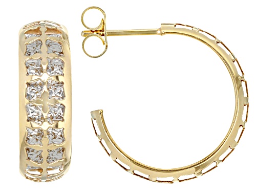 10k Yellow Gold & Rhodium Over 10k White Gold Bridge Design Diamond-Cut & Polished Hoop Earrings