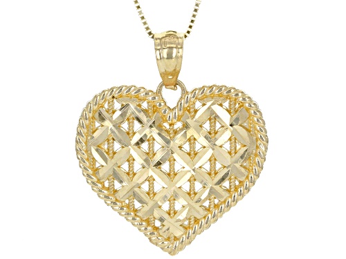 14K Yellow Gold Polished Diamond-Cut X Pattern Heart Pendant with Box Chain 18 Inch Necklace