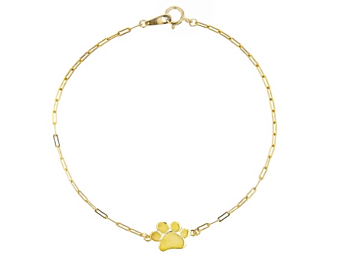 10k Yellow Gold Paw Print Charm Paperclip Link Bracelet - Size 7.25