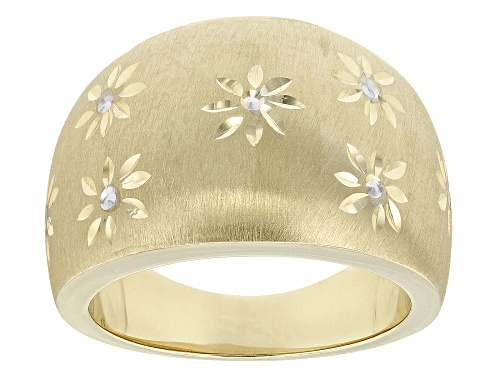 10k Yellow Gold & Rhodium Over 10k Yellow Gold Diamond-Cut Flower Design Domed Ring - Size 6