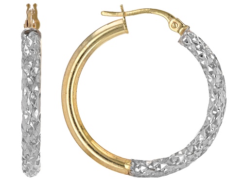 10k Yellow Gold & Rhodium Over 10k Yellow Gold Polished & Diamond-Cut 1 1/32" Hoop Earrings
