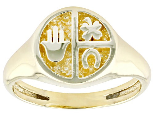 Splendido Italian Jewelry™ 10k Yellow Gold Hamsa, Clover, & Horseshoe Symbols Signet Ring - Size 6