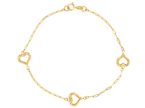 10k Yellow Gold 1.42mm Paperclip and Hearts Station Bracelet - Size 7.5