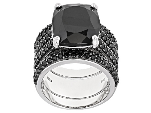 11.16CTW CUSHION AND ROUND BLACK SPINEL RHODIUM OVER STERLING SILVER RING WITH TWO BANDS SET - Size 6