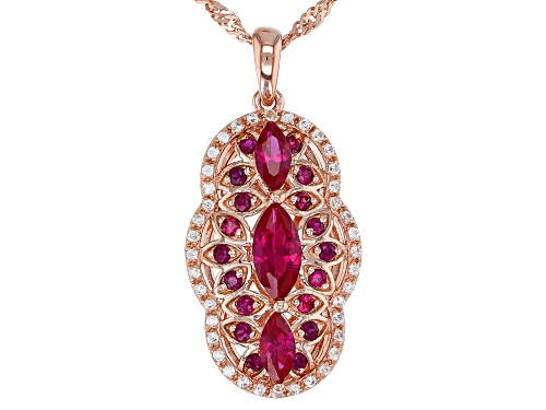 1.22ctw Lab Created Ruby, .17ctw Zircon 18k Rose Gold Over Silver Pendant With Chain