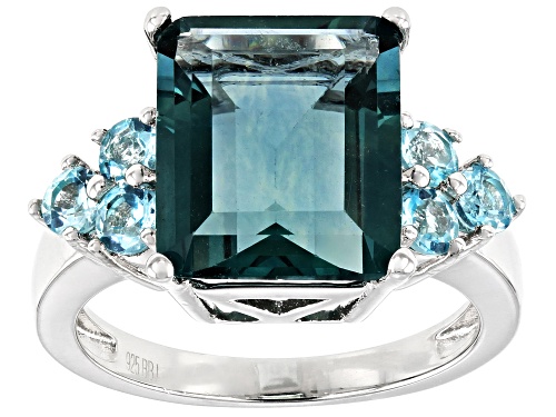 6.18CT EMERALD CUT TEAL FLUORITE & .62CTW BLUE APATITE RHODIUM OVER STERLING SILVER RING - Size 7