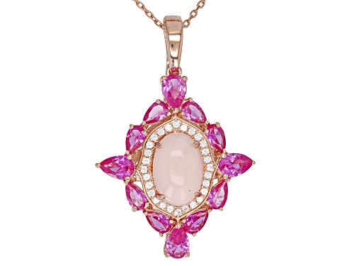 3.23ctw lab pink & white sapphire, 12X8mm Peruvian opal 18k rose gold over silver enhancer w/chain