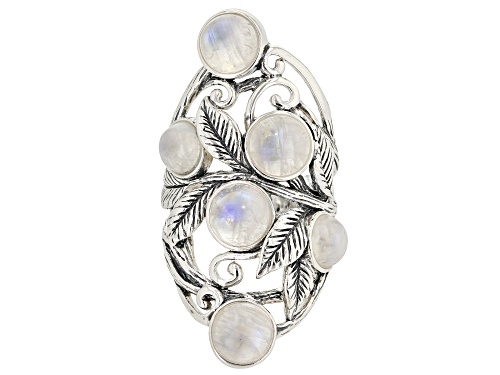 Photo of 6MM AND 7MM ROUND CABOCHON RAINBOW MOONSTONE RHODIUM OVER STERLING SILVER LEAF AND VINE RING - Size 8