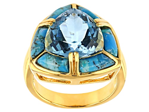 5.70ct Glacier Topaz(TM) with turquoise inlay 18k yellow gold over silver ring - Size 6