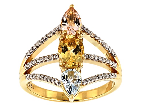 1.25ctw Yellow Beryl, Morganite & Aquamarine with .03ctw Diamond Accent 18k Gold Over Silver Ring - Size 7