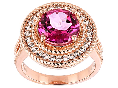 4.50ct Round Pure Pink(TM) Topaz & .60ctw Zircon 18k Rose Gold Over Silver Halo Ring - Size 9