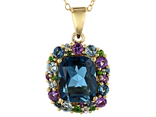 2.72ct London Blue Topaz, .89ctw Multi-Color Gemstone 18k Gold Over Silver Pendant W/ Chain