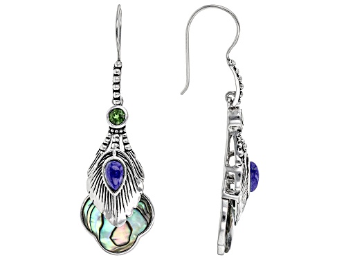 Photo of Pacific Style™ Abalone Shell, .49ctw Chrome & Lapis Rhodium Over Silver Peacock Feather Earrings