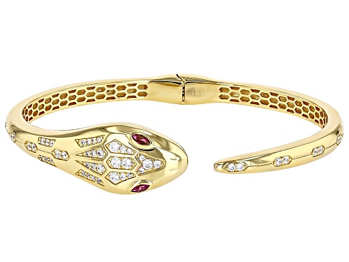 White Cubic Zirconia 1.22 Ctw & Lab Ruby 0.38 Ctw 18k Yellow Gold Over Copper Open Hinge Bangle