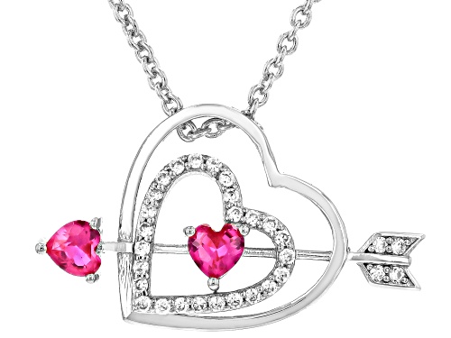 White Cubic Zirconia 0.20 Ctw & Lab Created Ruby 0.34 Ctw Rhodium Over Copper Pendant with Chain