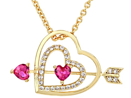 White Cubic Zirconia 0.20 Ctw & Lab Ruby 0.34 Ctw 18K Yellow Gold Over Copper Pendant with Chain