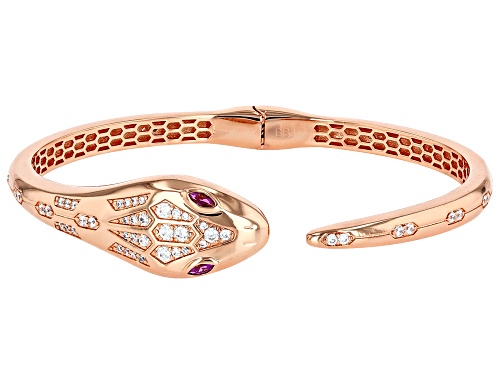 Photo of White Cubic Zirconia 1.22 Ctw & Lab Ruby 0.38 Ctw 18k Rose Gold Over Copper Open Hinge Bangle