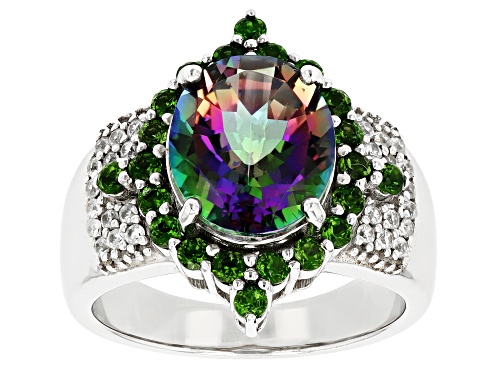 Photo of Mystic Fire® Green Topaz Sterling Silver Cluster Halo Ring 6.19ctw