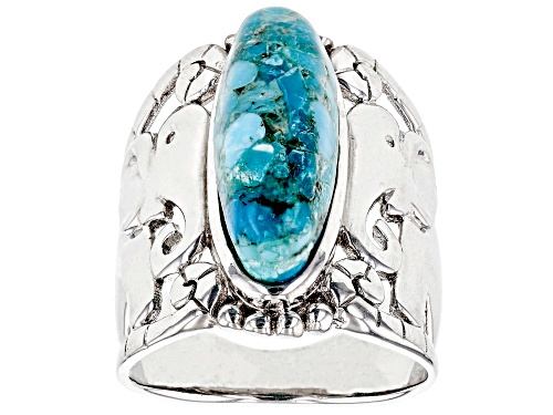 21X7MM OVAL CABOCHON TURQUOISE SOLITAIRE RHODIUM OVER SILVER ELEPHANT DETAIL RING - Size 8