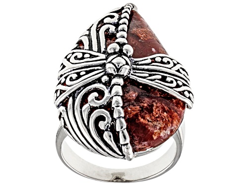 Photo of Pacific Style™ 30x20mm Custom Pear Shape Red Sponge Coral Rhodium Over Silver Dragonfly Ring - Size 8