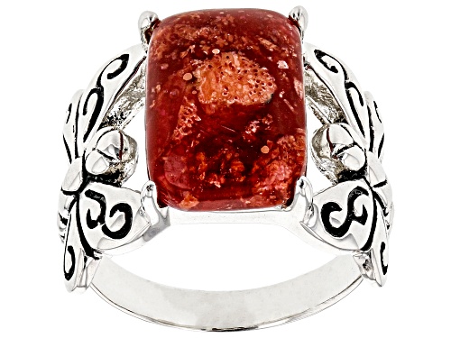 Photo of Pacific Style™ 14x10mm Rectangular Coral Rhodium Over Sterling Silver Dragonfly Ring - Size 8