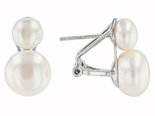 6-9.5mm White Cultured Freshwater Pearl Rhodium Over Sterling Silver Double Stud Earrings