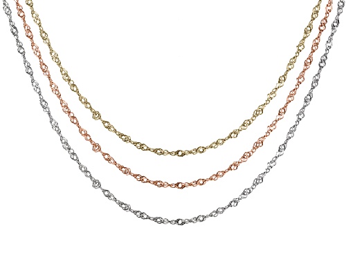 18K Yellow Gold, 18K Rose Gold, And Rhodium Over Sterling Silver Singapore Chain 17.5 Inch Set of 3